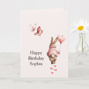 Bunny Heart Balloon Pink Butterflies Birthday Card