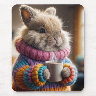 Bunny Holding a Hot Cup of Coffee Mouse Pad