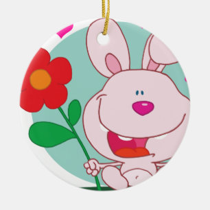 Bunny holds flower ceramic ornament