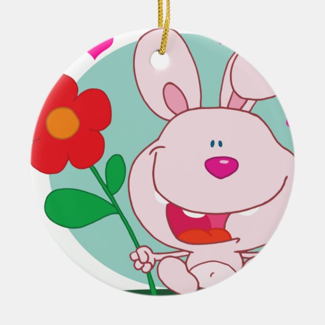 Bunny holds flower ceramic ornament (Front)