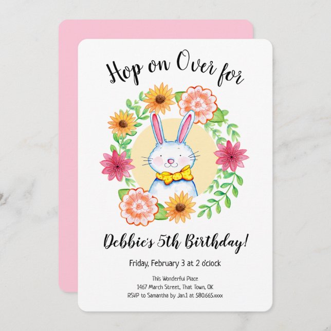 Bunny Hop On Over Pastel Birthday Party Invitation (Front/Back)
