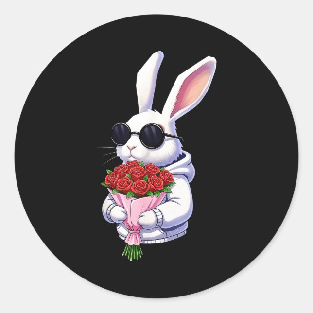 Bunny Hugging Valentine Flower Bunny  Classic Round Sticker (Front)