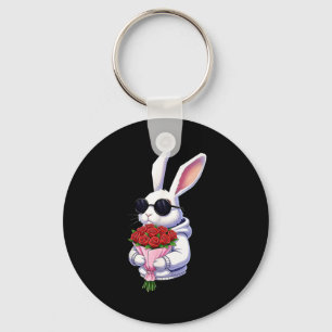 Bunny Hugging Valentine Flower Bunny  Key Ring