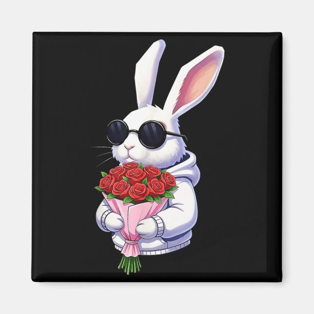 Bunny Hugging Valentine Flower Bunny  Magnet (Front)