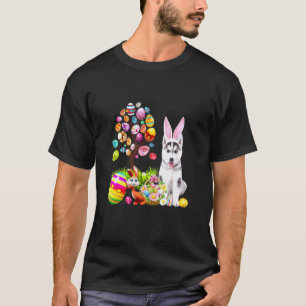 Bunny Husky Dog Happy Easter Eggs Tree T-Shirt