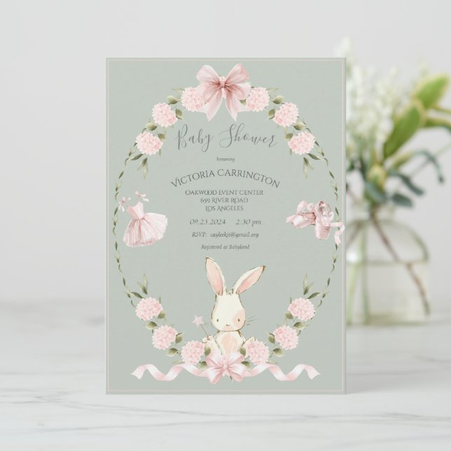 Bunny Hydrangeas Pink Sage Ballerina Baby Invitation (Standing Front)