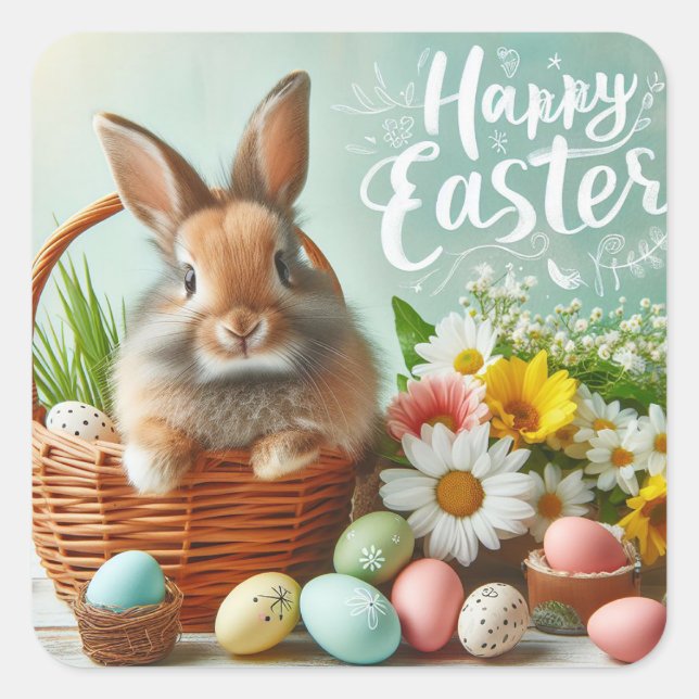 Bunny in a basket, flowers and easter eggs square sticker (Front)