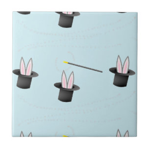 Bunny in a hat with magic wand blue ceramic tile