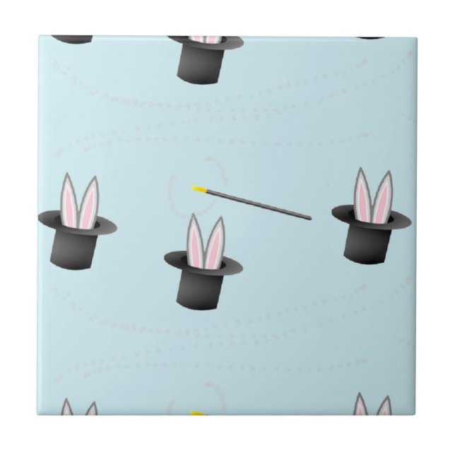 Bunny in a hat with magic wand blue ceramic tile (Front)