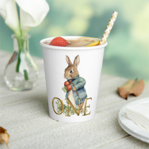 Bunny in blue jacket First Birthday Paper Cups
