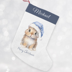 Bunny in Blue Santa's Hat Personalised Small Christmas Stocking