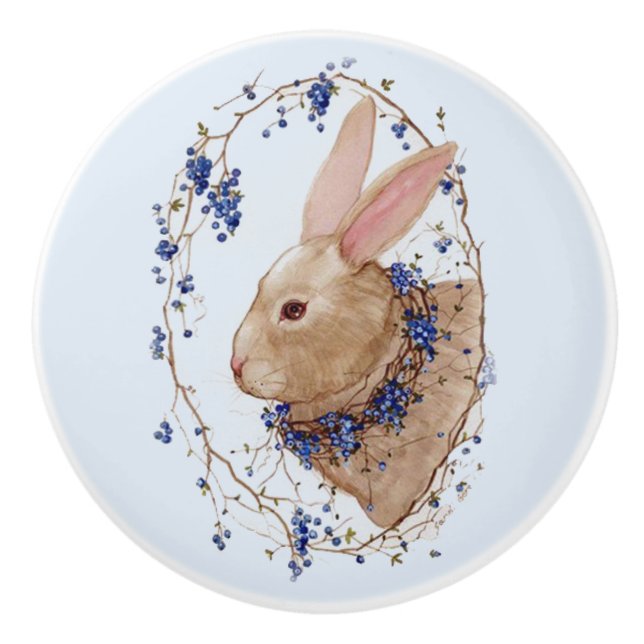 Bunny in Blueberry Wreath Round Ceramic Knob (Front)