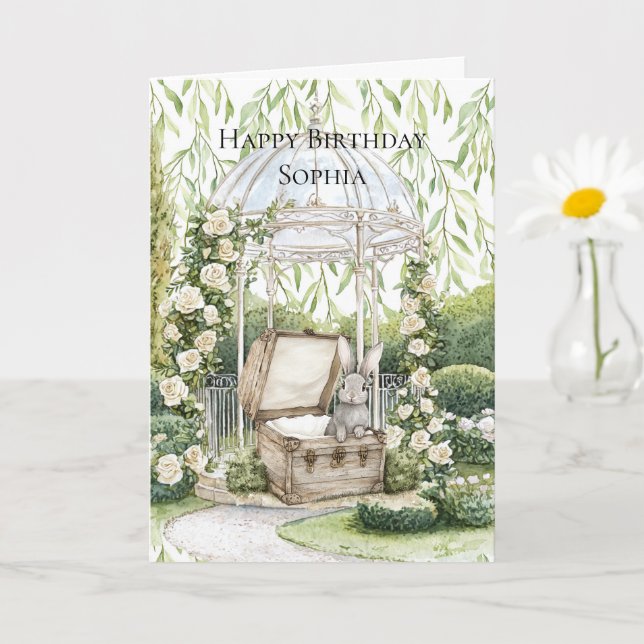 Bunny in Chest Green Leaves Floral Birthday Card (Small Plant)