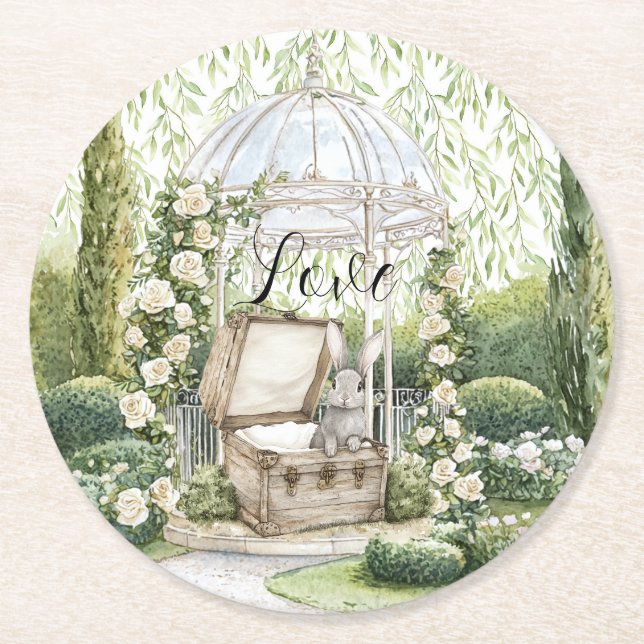 Bunny in Chest Green Leaves Floral Love Wedding Round Paper Coaster (Front)