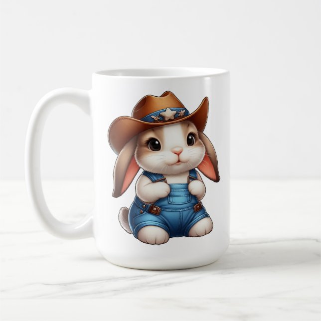Bunny in Cowboy Outfit with Hat and Overalls Coffee Mug (Left)