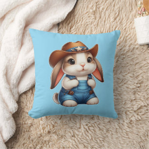Bunny in Cowboy Outfit with Hat and Overalls Cushion