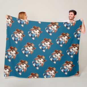 Bunny in Cowboy Outfit with Hat and Overalls Fleece Blanket