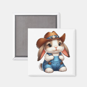Bunny in Cowboy Outfit with Hat and Overalls Magnet