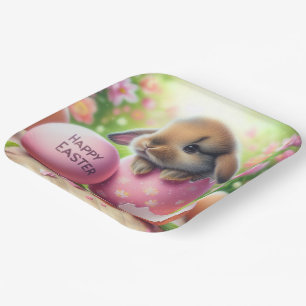 Bunny in Easter Egg with Flowers Paper Plate