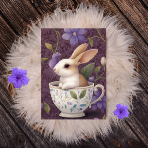 Bunny in Floral Teacup with Purple Flowers Holiday Postcard
