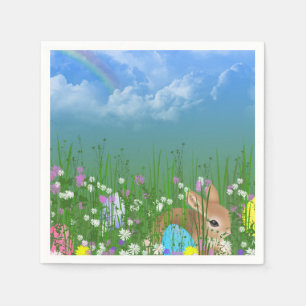 bunny in flowers with Easter eggs and rainbow Napkin