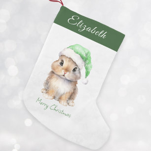 Bunny in Green Santas Hat Personalised Small Christmas Stocking