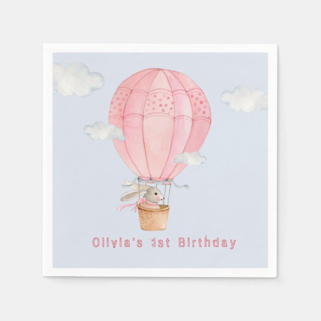 Bunny in Hot air balloon 1st Birthday Napkin (Front)
