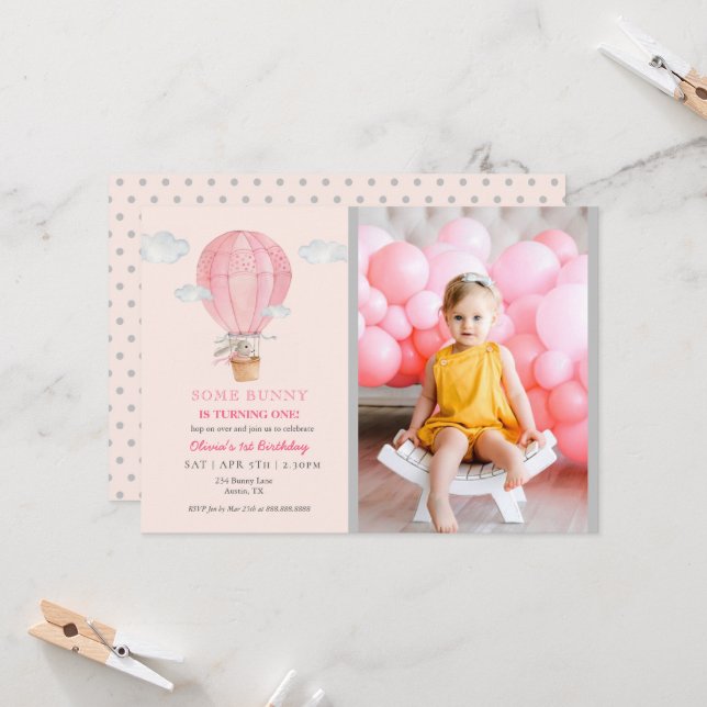 Bunny in Hot air balloon pink 1st birthday Invitation (Front/Back In Situ)