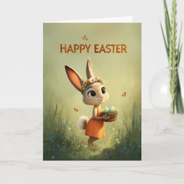 Bunny in Orange Dress Wearing Flower Crown Easter Card (Front)