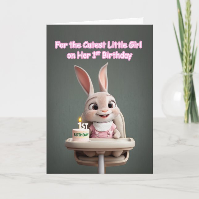 Bunny in Pink Cutest Little Girl 1st Birthday Card (Front)
