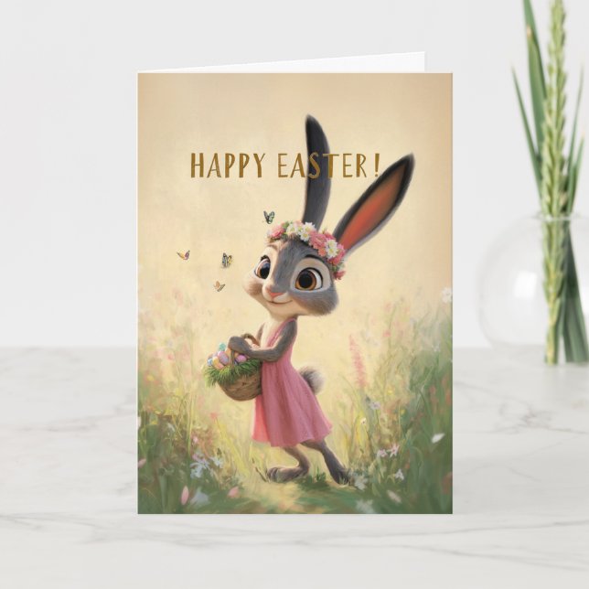 Bunny in Pink Dress Wearing Flower Crown Easter Card (Front)