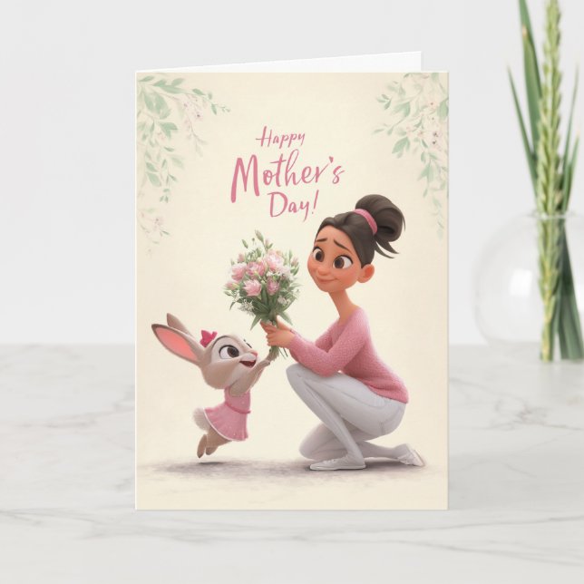Bunny in Pink Giving Mother's Day Flowers to Mama Card (Front)