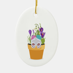 Bunny in pot with grasses, flowers. ceramic ornament