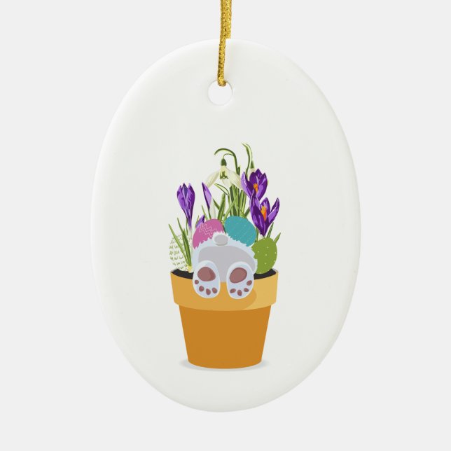Bunny in pot with grasses, flowers. ceramic ornament (Front)