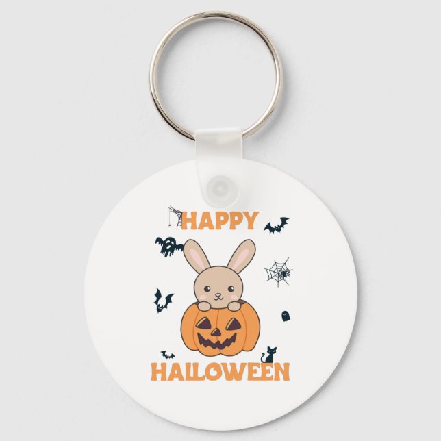 Bunny In Pumpkin Cute Bunnies Happy Halloween Key Ring (Front)