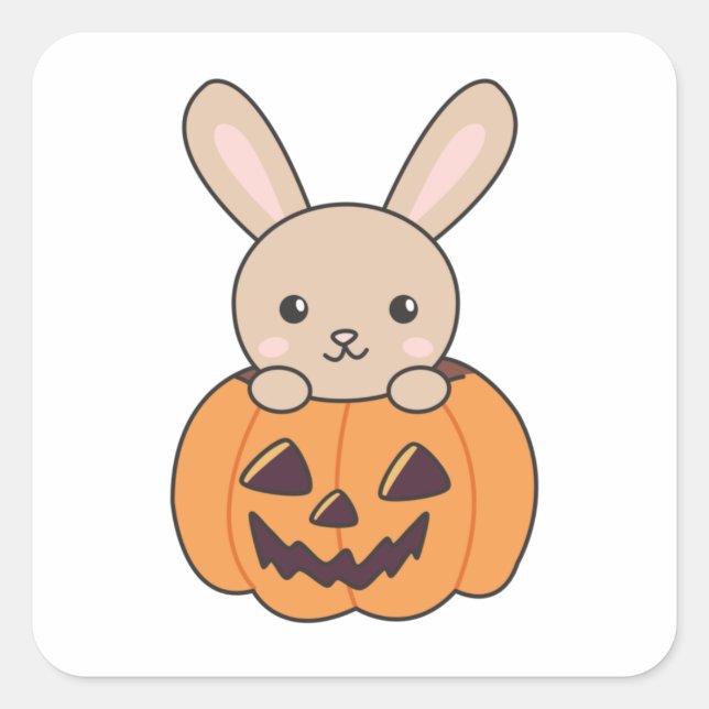 Bunny In Pumpkin Cute Bunnies Happy Halloween Square Sticker (Front)