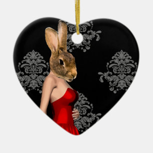 Bunny in red dress ceramic ornament
