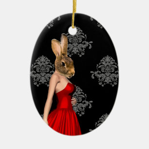 Bunny in red dress ceramic tree decoration