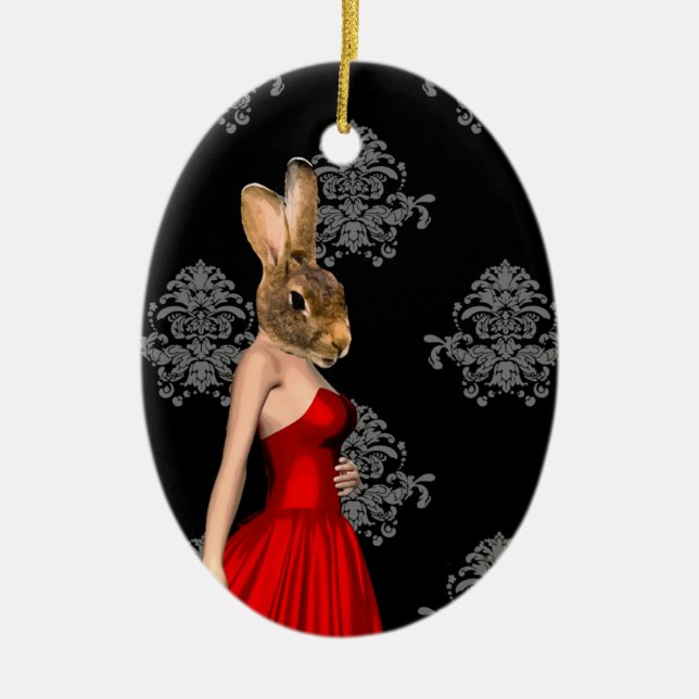 Bunny in red dress ceramic tree decoration (Front)