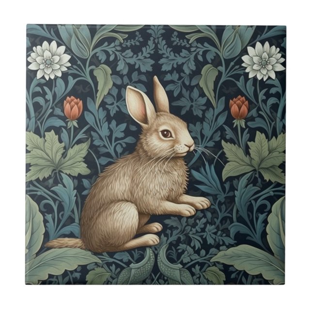 Bunny in the forest art nouveau ceramic tile (Front)