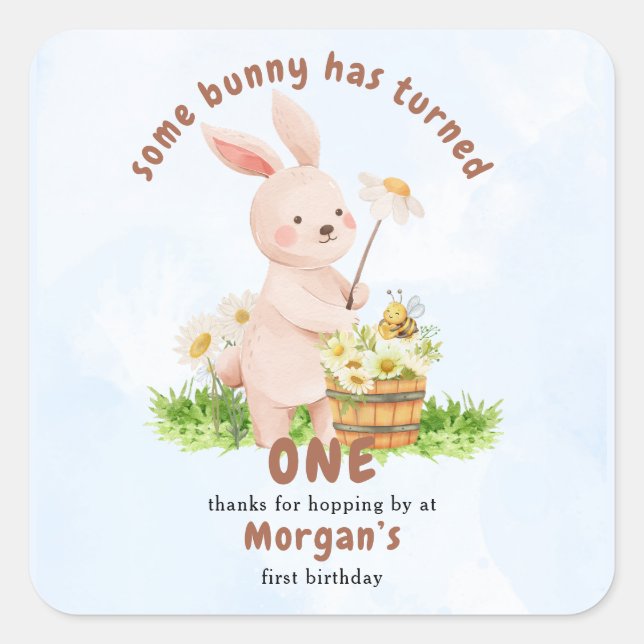 Bunny Is Turning One Cute Baby Rabbit 1st Birthday Square Sticker (Front)