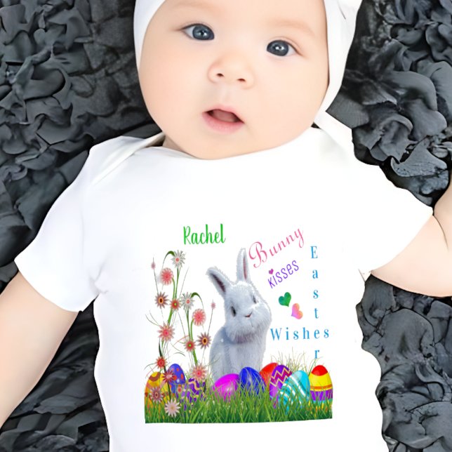 Bunny Kisses Easter Wishes Personalised Baby Name Bodysuit (Creator Uploaded)