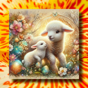 Bunny Lamb Floral Art Nouveau Christian Easter  Holiday Card