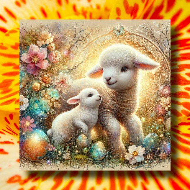 Bunny Lamb Floral Art Nouveau Christian Easter  Holiday Card (Creator Uploaded)