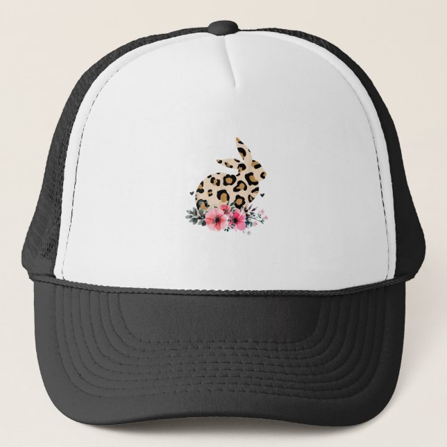 Bunny Leopard Print Floral Cute Easter Girls Women Trucker Hat (Front)