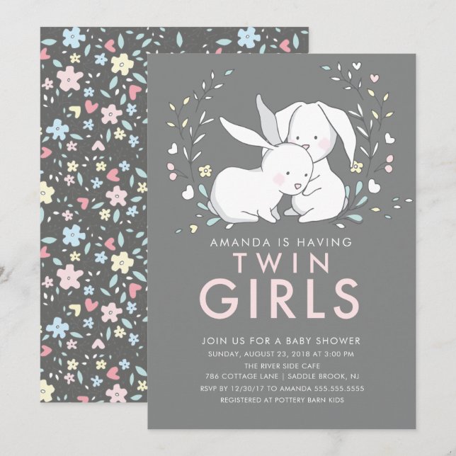 Bunny Love Twin Girls Baby Shower Invitation (Front/Back)