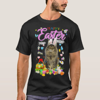 Bunny Maine Coon Cat Happy Easter Eggs  T-Shirt
