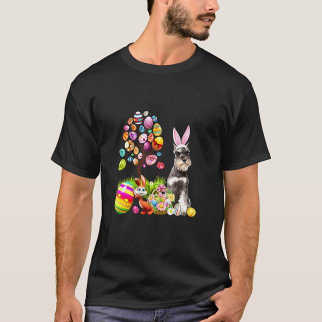 Bunny Miniature Schnauzer Dog Happy Easter Eggs Tr T-Shirt (Front)