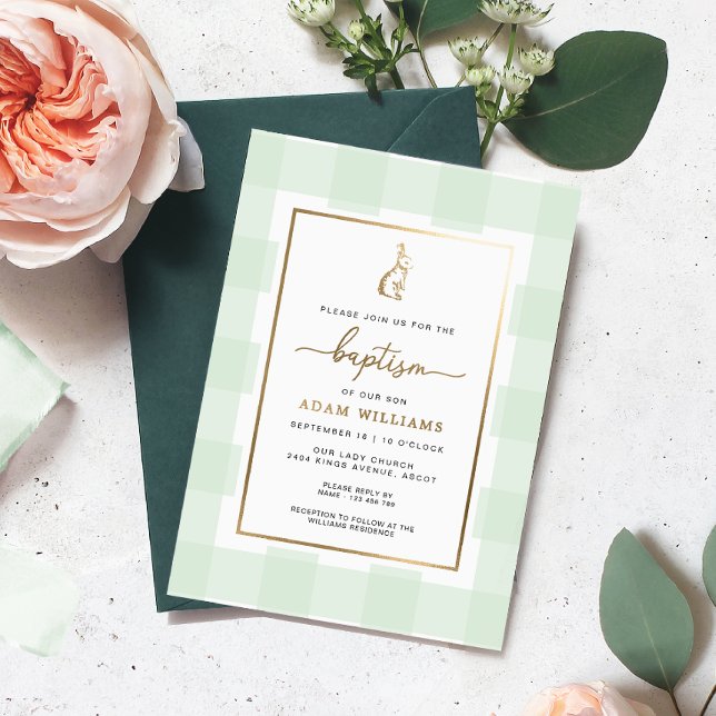 Bunny Mint Gingham Baptism Gold Foil Invitation (Creator Uploaded)