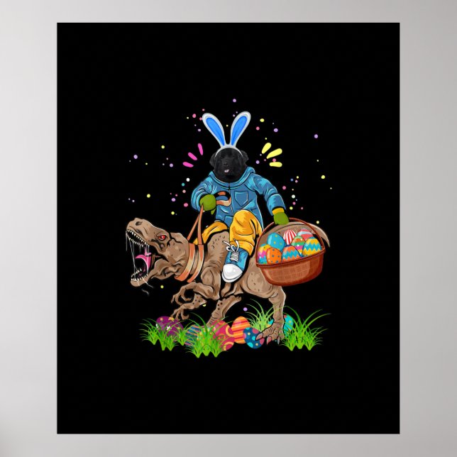 Bunny Newfoundland Dog Riding Dinosaur Easter Poster (Front)